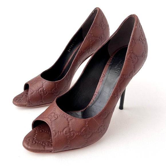 GUCCI | Vintage Guccissima GG Logo Brown Leather Peep Toe High Heel Pumps EU 37 - Picture 2 of 13